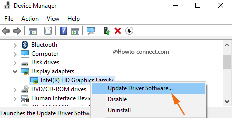 Update driver Software right click context menu Intel(R) HD Graphics Family