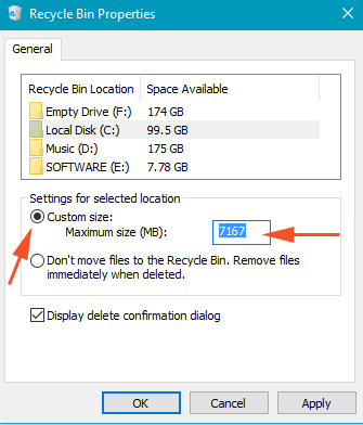 Allocate Custom Size to Recycle Bin on Windows 10