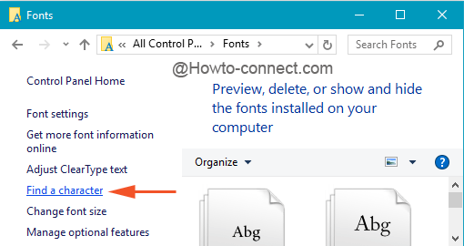 Find a character link on the Fonts window