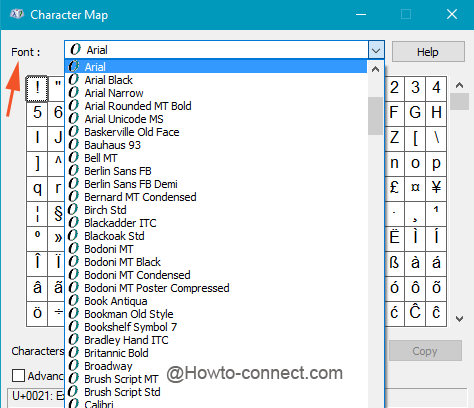 Fonts list in the Character Map in Windows 10