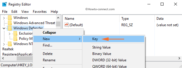 Right click Windows Defender New Key Registry Editor