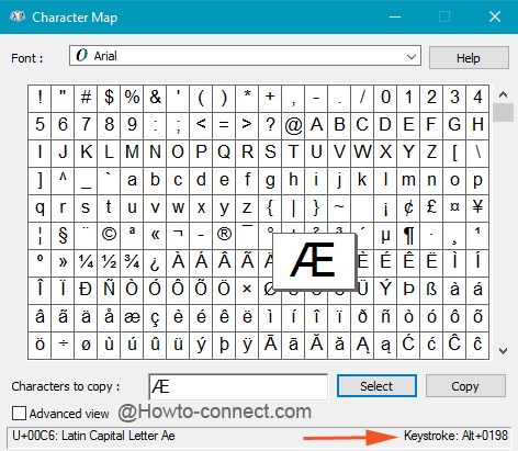 Keystroke of the selected special character in Character Map