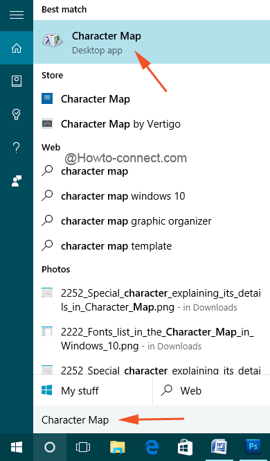 Cortana showing Character Map to Find Special Characters on Windows 10