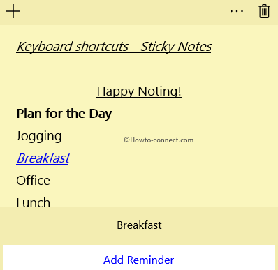 Format Sticky Notes using Keyboad shortcuts