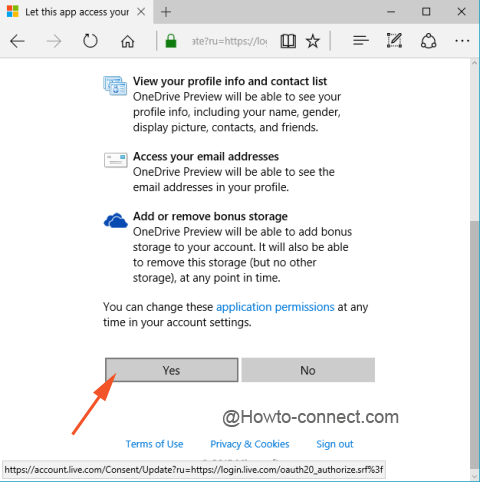 Yes button to allow OneDrive to access your information