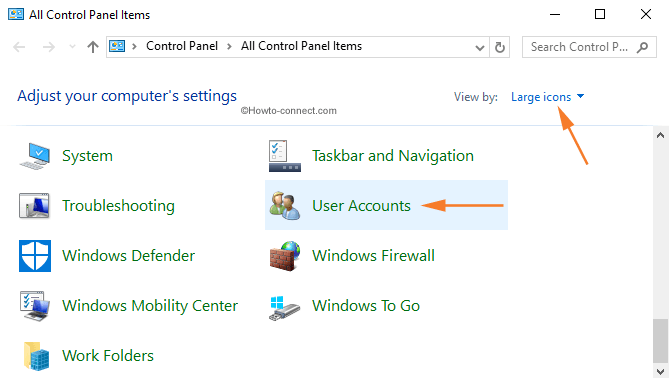 Control Panel Large icons User Accounts