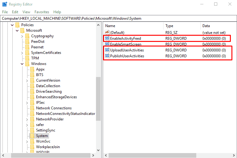 3 Ways to Disable Windows 10 Timeline image 3 registry values