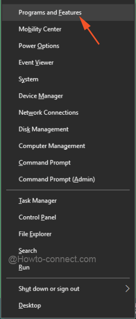 Power User Menu displaying Programs and Features