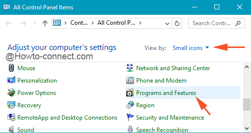 Control Panel small icons view displaying Programs and Features