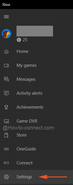 Settings under the opened bar in Xbox app