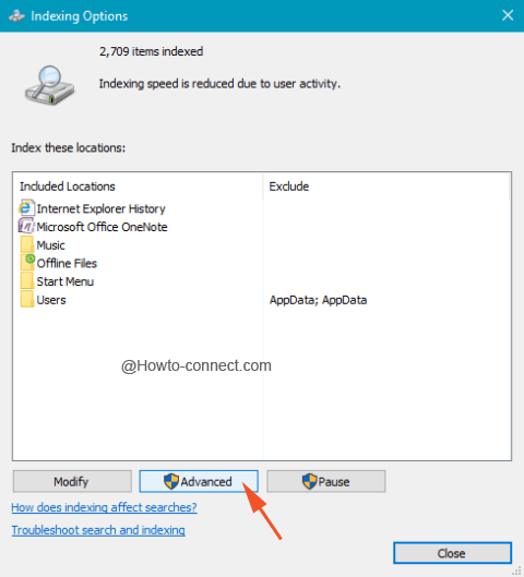 Indexing Options Advanced button in Windows 10