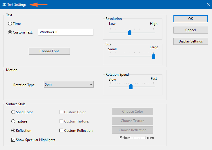 3d text settings for screen saver window