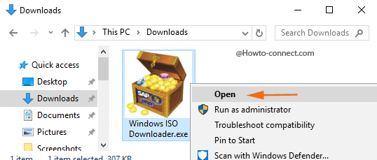 Right click Windows ISO Downloader Open option