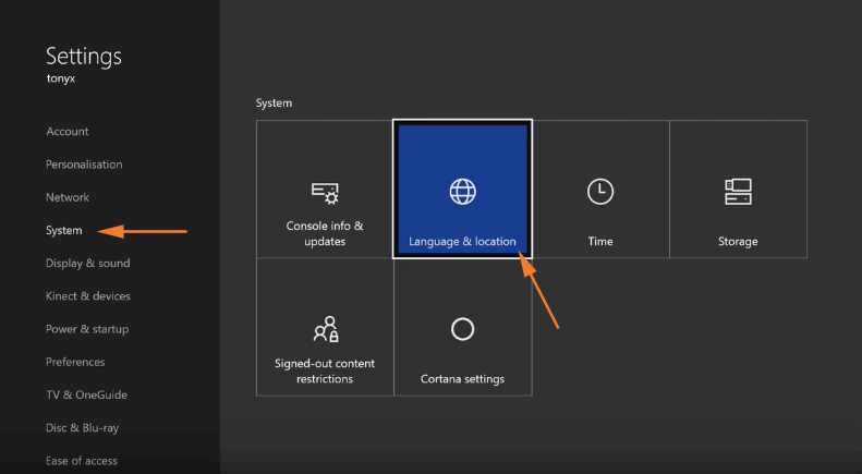 Xbox One System Settings Language & location