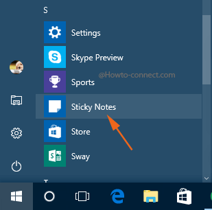 Sticky Notes Start Menu S section