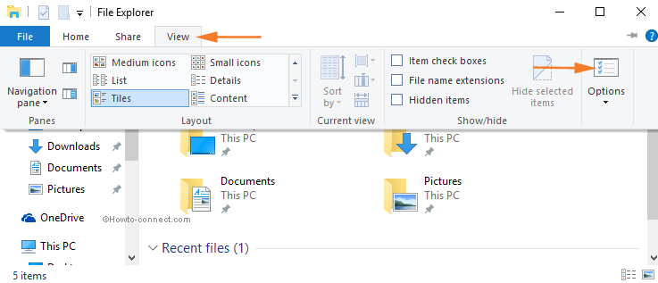 File Explorer View tab Options box