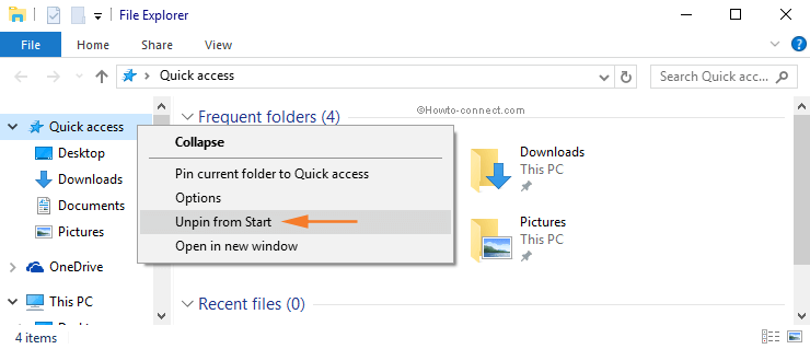 File Explorer right click Quick access Unpin from Start