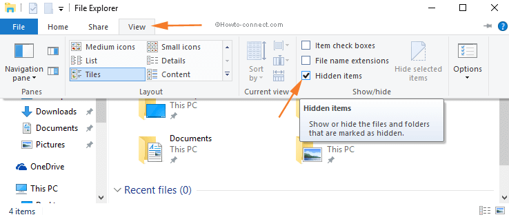 File Explorer View tab checkmark Hidden items