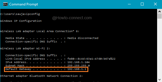 Default Gateway in Command Prompt displaying the router address
