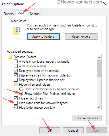 Folder option window view tab show hidden file folders and drive and hide extension for known file types check box and apply and ok button