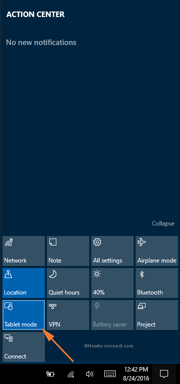 Action Center Tablet mode tab