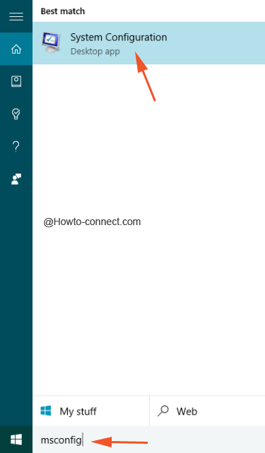 Cortana showing System Configuration in the result
