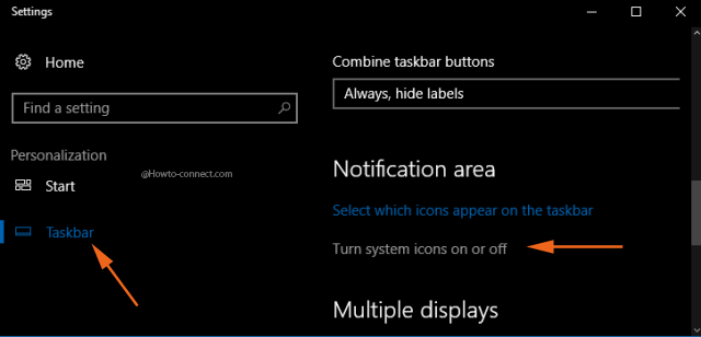 Taskbar Settings Turn system icons on or off link