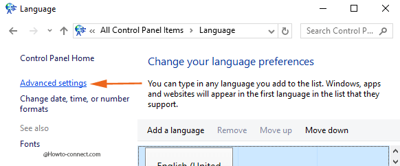 Control Panel Language Advanced settings link
