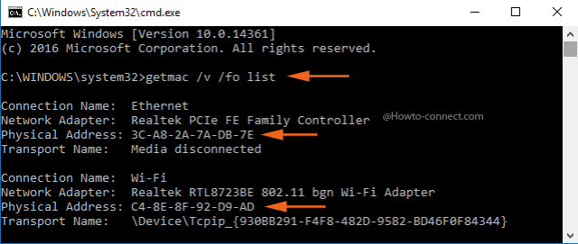 MAC address details Command Prompt