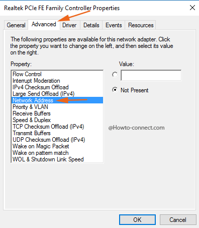 Advanced tab Network Address