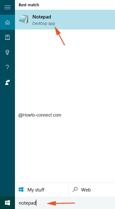 Notepad in the Cortana search