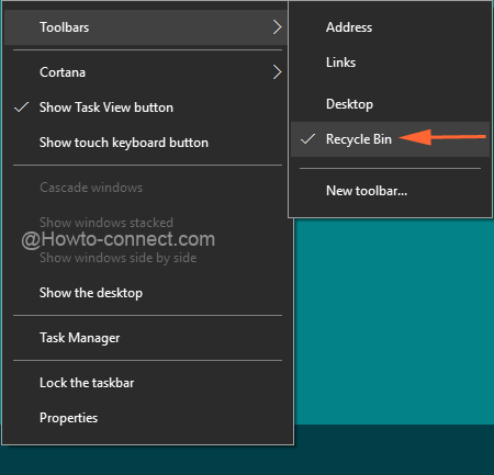 Uncheck Recycle Bin option from Toolbars