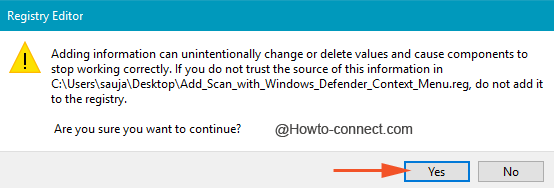 Yes button to confirm the registry changes
