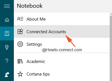 Connected Accounts under Notebook in Cortana