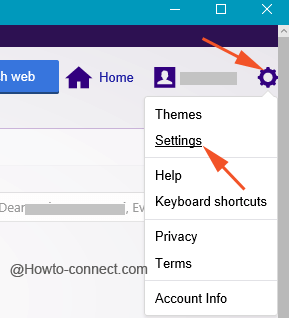 Settings option of the Yahoo Mail app