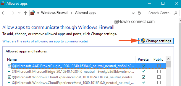 Change settings button under Allowed apps