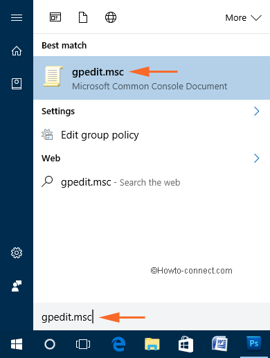 gpedit.msc in the Cortana search line
