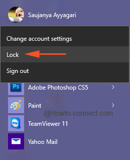 Lock option underneath name bar to to Navigate from Start Menu to Lock Screen Directly on Windows 10