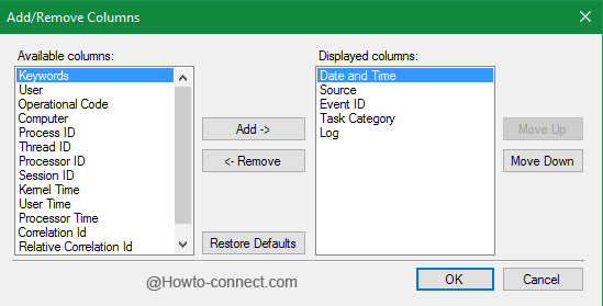 Add or remove columns event viewer