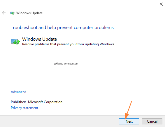 Windows Update Troubleshooter Next button