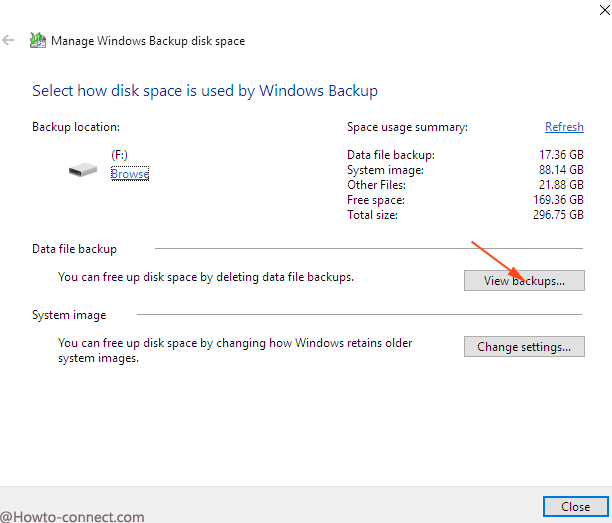 view backup button on manage backup disk space