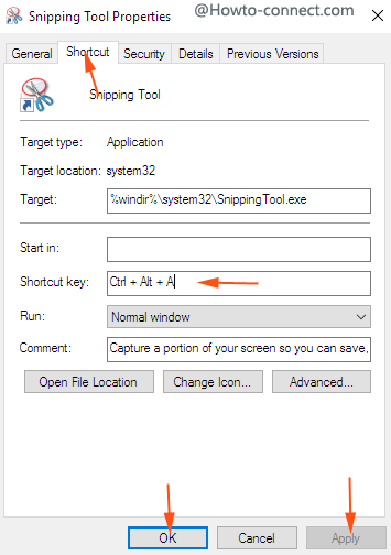  shortcut key on the snipping tool properties