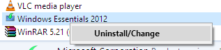  uninstall or change on right click context menu of windows essential 2012