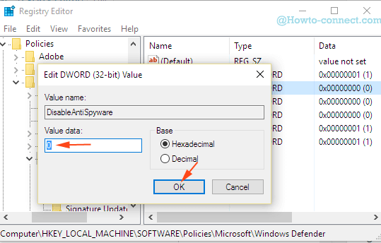 edit dword value of disablespyware in How to Enable Windows Defender Via Registry Editor