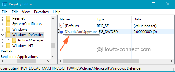 DisableAntiSpyware in the right pane of Windows Defender