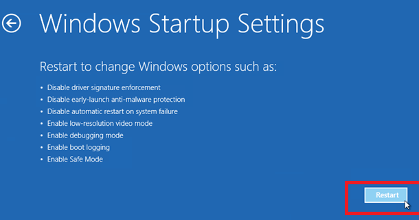 windows 8 startup settings tab