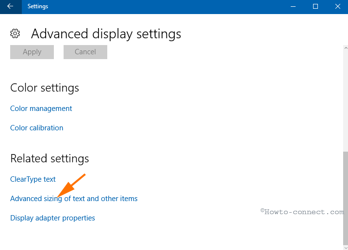 advanced sizing of text and other items link in related settings part on advanced display settings