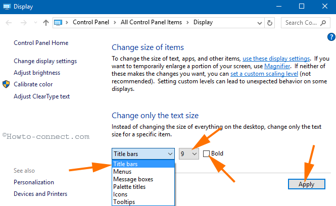 title bar change only text size font size bold checkbox apply