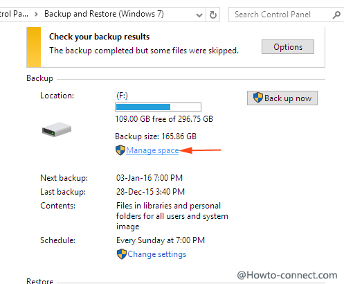 manage spaces link on backup and restore window