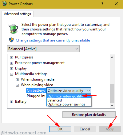 optimize video quality on battery when playing video advanced settings power options